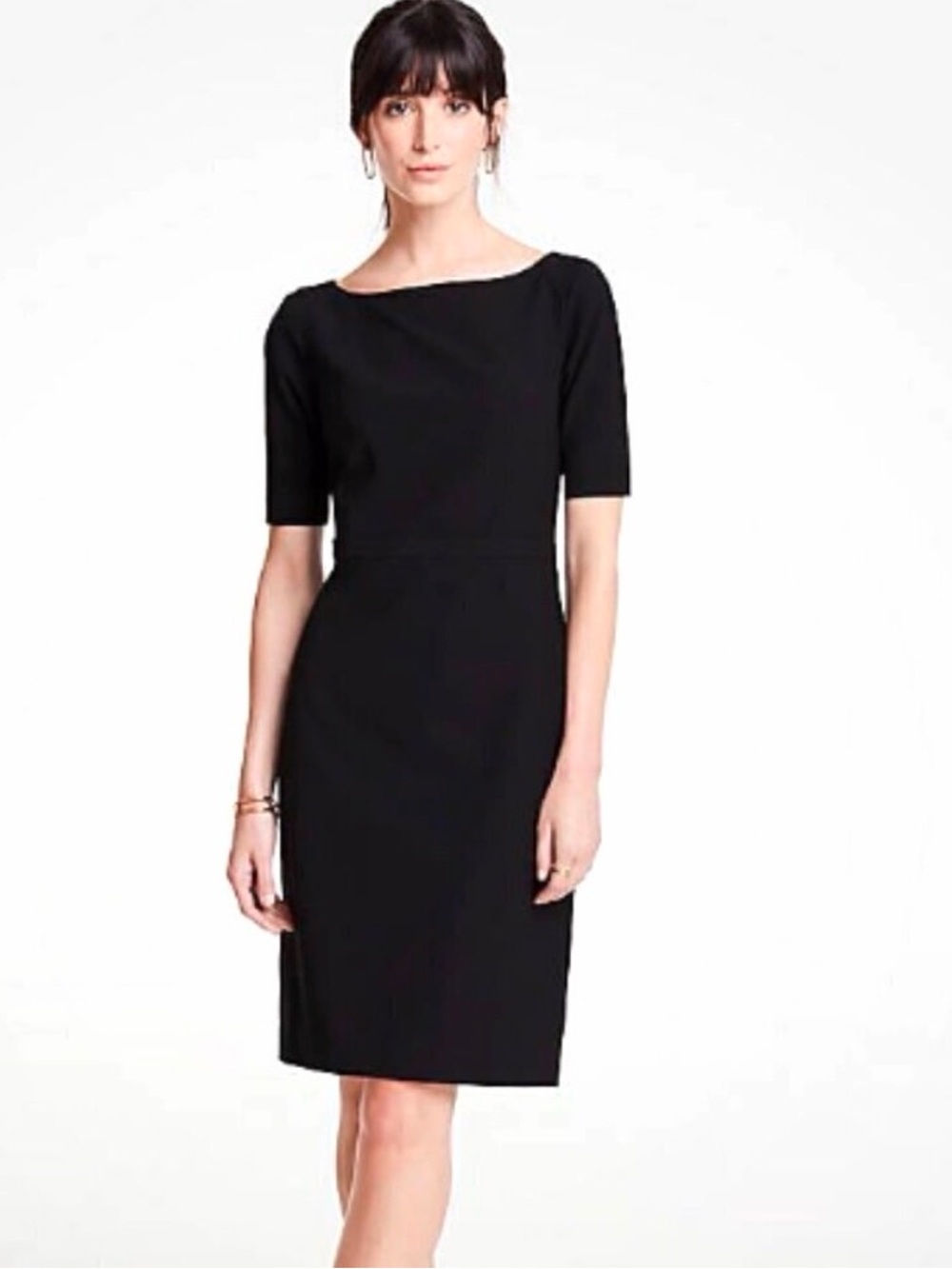 ANN TAYLOR Classic Black Sheath Dress with Elbow Sleeves SZ 10